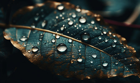 Close-up of a blue and orange leaf with water drops on it. AI generated, AI generative, AI generativ.の素材