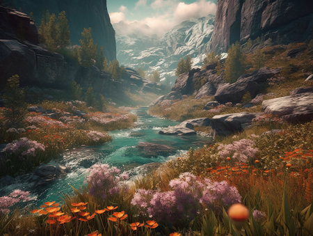 Landscape at the end of the world river waterfalls with mountains and a field of wild flowers. AI generated, AI generative, AI generativ.の素材