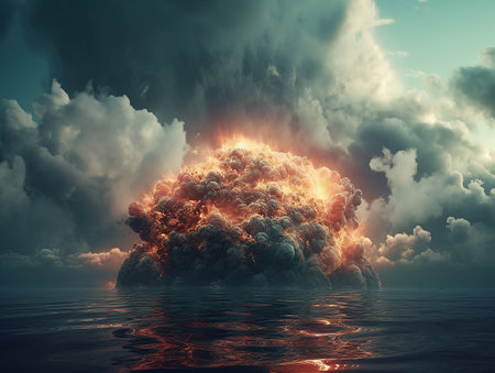 A large explosive cloud in the sky over the ocean before a storm. AI generated, AI generative, AI generativ.の素材