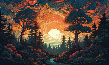 Sunset painting in fairy tale dramatic forest in vector art style. AI generated, AI generative, AI generativ.の素材