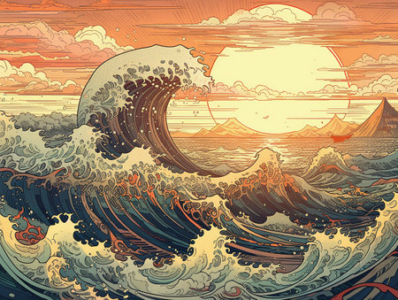 Drawing of a big wave in the ocean against the background of the rising sun. AI generated, AI generative, AI generativ.の素材