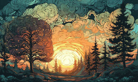 Sunset painting in fairy tale dramatic forest in vector art style. AI generated, AI generative, AI generativ.の素材