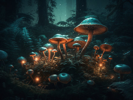 Photo of a group of glowing mushrooms perched on top of a lush green forest. AI generated, AI generative, AI generativ.の素材