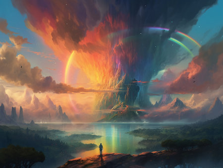 Drawing depicting a futuristic rainbow in the sky and incredible views of sky clouds. AI generated, AI generative, AI generativ.の素材