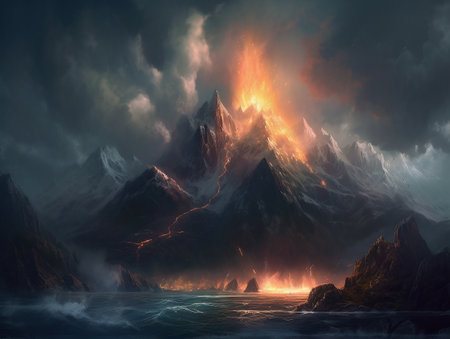 Mountain volcano with lava eruption and lava flows in the evening light and near a body of water. AI generated, AI generative, AI generativ.の素材