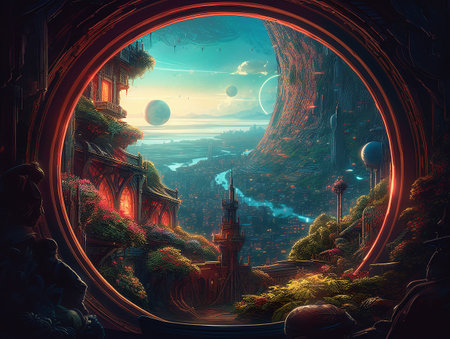 View of the planet with a luxurious fantastic landscape from a round window. AI generated, AI generative, AI generativ.の素材