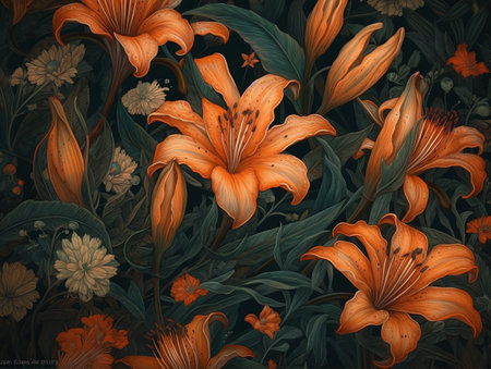 Close-up of a green meadow with orange lily flowers. AI generated, AI generative, AI generativ.の素材