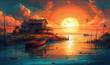 A picture of an incredible sunset over a pond and an old house standing nearby. AI generated, AI generative, AI generativ.の素材