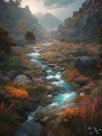Landscape at the end of the world river waterfalls with mountains and a field of wild flowers. AI generated, AI generative, AI generativ.の素材