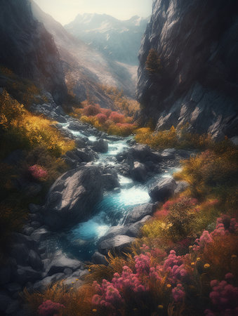 Landscape at the end of the world river waterfalls with mountains and a field of wild flowers. AI generated, AI generative, AI generativ.の素材