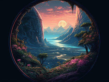 View of the planet with a luxurious fantastic landscape from a round window. AI generated, AI generative, AI generativ.の素材