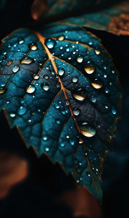 Close-up of a blue and orange leaf with water drops on it. AI generated, AI generative, AI generativ.の素材