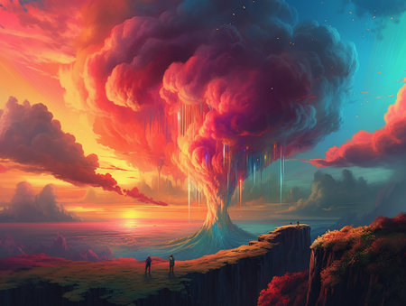 Drawing depicting a futuristic rainbow in the sky and incredible views of sky clouds. AI generated, AI generative, AI generativ.の素材