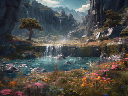 Landscape at the end of the world river waterfalls with mountains and a field of wild flowers. AI generated, AI generative, AI generativ.の素材