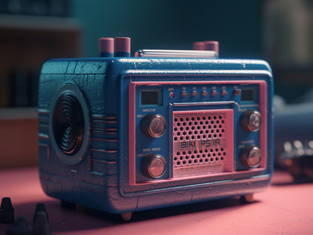 Blue metallic radio on a pink background in cartoon style. AI generated, AI generative, AI generativ.の素材