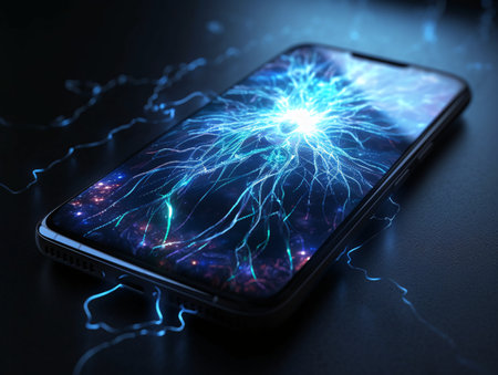 A close-up of a cell phone showing lightning and electrical discharges on the screen. AI generated, AI generative, AI generativ.の素材