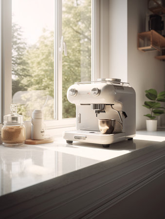 White coffee machine standing on the windowsill next to the window. AI generated, AI generative, AI generativ.の素材