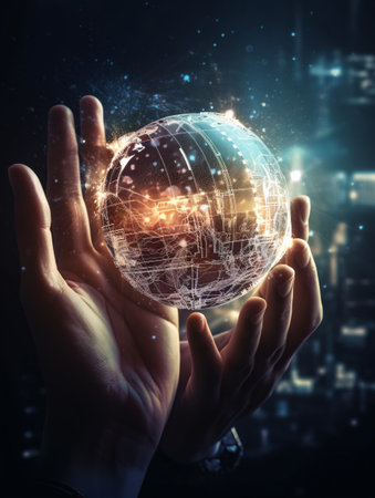 Two hands hold a glass luminous sphere with icons surrounding it and rays into digital knots. AI generated, AI generative, AI generativ.の素材