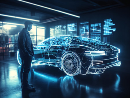 A man stands in front of a futuristic car in glowing digital beams and lines like a hologram. AI generated, AI generative, AI generativ.の素材