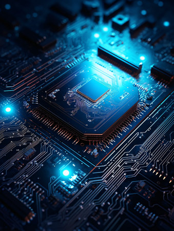 Computer board with central processing unit and blue lights digital art. AI generated, AI generative, AI generativ.の素材