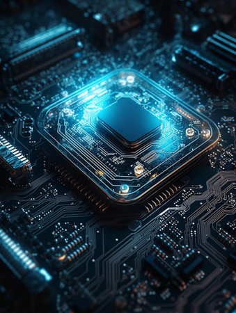 Computer board with central processing unit and blue lights digital art. AI generated, AI generative, AI generativ.の素材