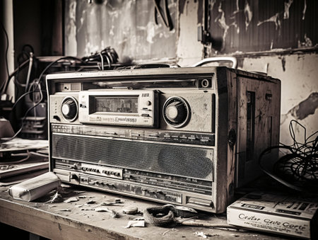 Black and white photo of an old cassette recorder against the background of an old peeling wall and surroundings. AI generated, AI generative, AI generativ.の素材