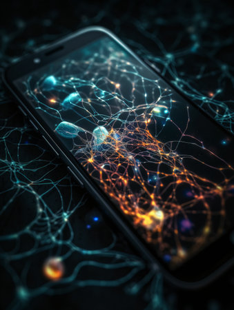 Close-up of a mobile phone structure showing lightning and discharges. AI generated, AI generative, AI generativ.の素材