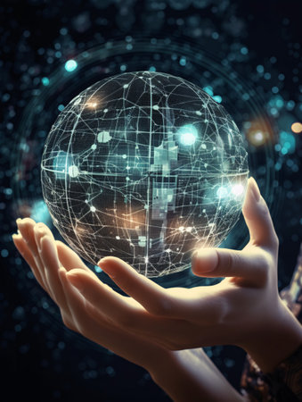 Two hands hold a glass luminous sphere with icons surrounding it and rays into digital knots. AI generated, AI generative, AI generativ.の素材