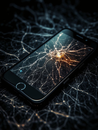 Close-up of a mobile phone structure showing lightning and discharges. AI generated, AI generative, AI generativ.の素材
