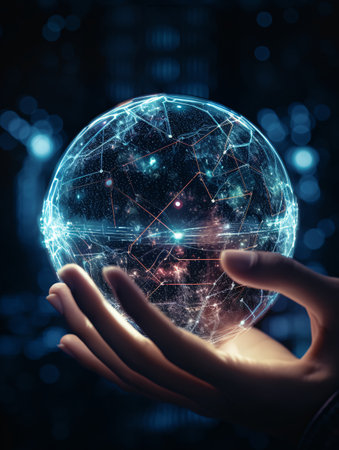 Two hands hold a glass luminous sphere with icons surrounding it and rays into digital knots. AI generated, AI generative, AI generativ.の素材