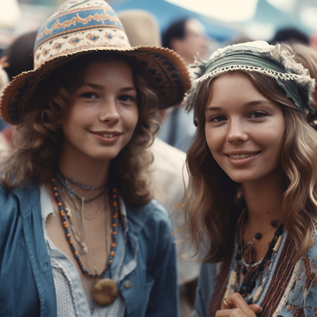 A group of young women at a hippie festival standing next to each other at a concert. AI generated, AI generative, AI generativ.の素材