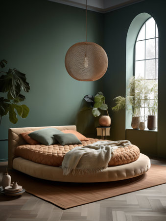 Art deco bedroom with a bed sitting on a wooden floor next to a green wall. AI generated, AI generative, AI generativ, AI, generated, generative, generativ.の素材