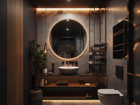 Bathroom with large round mirror with concrete walls and wooden furniture in dramatic backlit lighting. AI generated, AI generative, AI generativ, AI, generated, generative, generativ.の素材