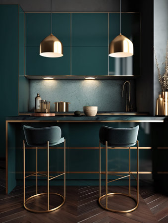 A pair of stools in front of the bar counter in the kitchen in dark blue-green. AI generated, AI generative, AI generativ, AI, generated, generative, generativ.の素材