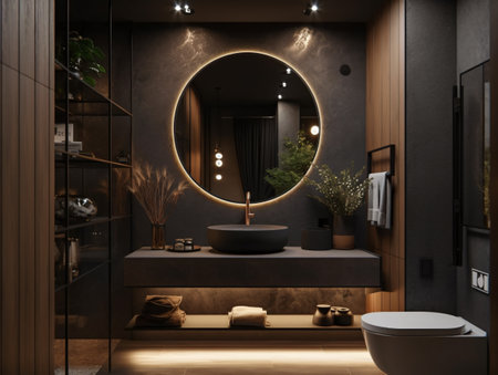 Bathroom with large round mirror with concrete walls and wooden furniture in dramatic backlit lighting. AI generated, AI generative, AI generativ, AI, generated, generative, generativ.の素材