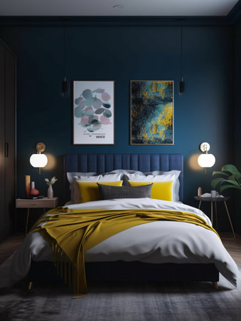 A bedroom with blue walls and a bed with a yellow duvet and paintings on the walls with a frontal view. AI generated, AI generative, AI generativ, AI, generated, generative, generativ.の素材