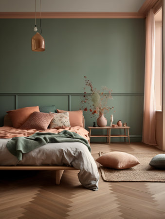 Art deco bedroom with a bed sitting on a wooden floor next to a green wall. AI generated, AI generative, AI generativ, AI, generated, generative, generativ.の素材