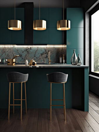 A pair of stools in front of the bar counter in the kitchen in dark blue-green. AI generated, AI generative, AI generativ, AI, generated, generative, generativ.の素材