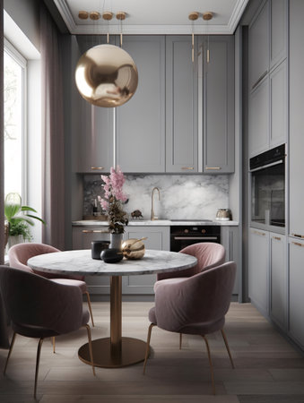 A small kitchen in light gray tones with a table and chairs and kitchen furniture. AI generated, AI generative, AI generativ, AI, generated, generative, generativ.の素材