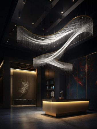 A large white fabric chandelier hanging from the ceiling in a dark room in a dramatic design. AI generated, AI generative, AI generativ, AI, generated, generative, generativ.の素材