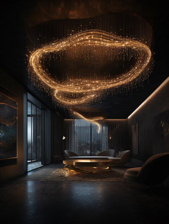 A large white fabric chandelier hanging from the ceiling in a dark room in a dramatic design. AI generated, AI generative, AI generativ, AI, generated, generative, generativ.の素材