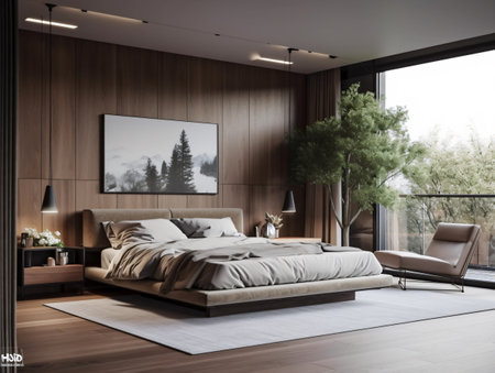A large bed in a bedroom next to a window with a wooden wall at the headboard in brown and cocoa tones. AI generated, AI generative, AI generativ, AI, generated, generative, generativ.の素材