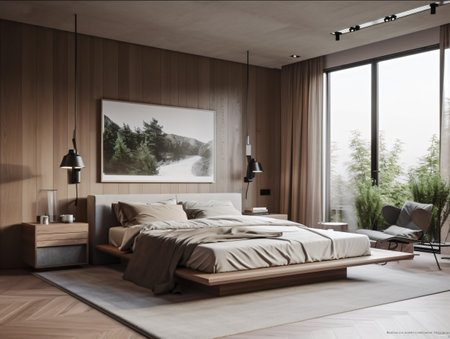A large bed in a bedroom next to a window with a wooden wall at the headboard in brown and cocoa tones. AI generated, AI generative, AI generativ, AI, generated, generative, generativ.の素材