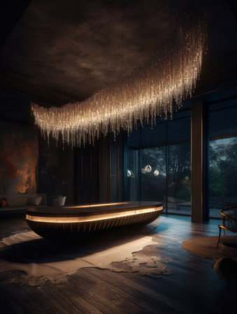 A large white fabric chandelier hanging from the ceiling in a dark room in a dramatic design. AI generated, AI generative, AI generativ, AI, generated, generative, generativ.の素材