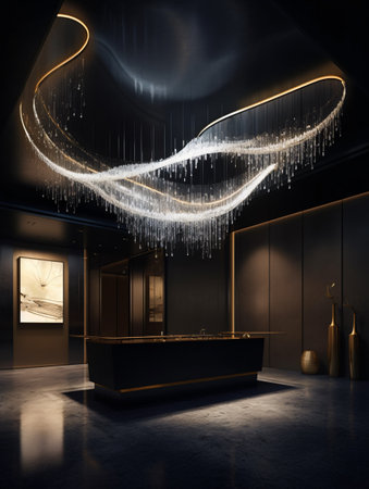A large white fabric chandelier hanging from the ceiling in a dark room in a dramatic design. AI generated, AI generative, AI generativ, AI, generated, generative, generativ.の素材