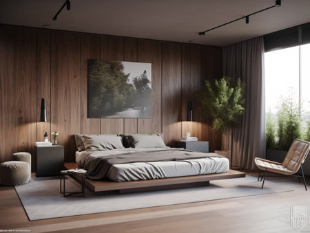 A large bed in a bedroom next to a window with a wooden wall at the headboard in brown and cocoa tones. AI generated, AI generative, AI generativ, AI, generated, generative, generativ.の素材