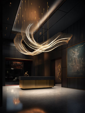 A large white fabric chandelier hanging from the ceiling in a dark room in a dramatic design. AI generated, AI generative, AI generativ, AI, generated, generative, generativ.の素材