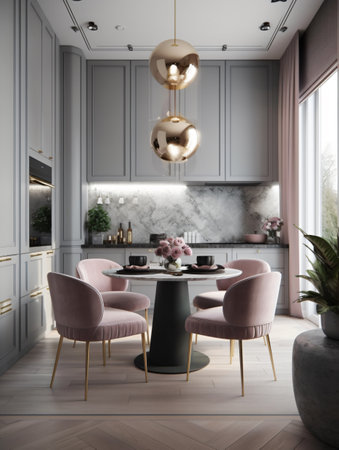 A small kitchen in light gray tones with a table and chairs and kitchen furniture. AI generated, AI generative, AI generativ, AI, generated, generative, generativ.の素材