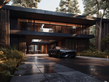 A black car parked in front of a modern design house in a dramatic setting. AI generated, AI generative, AI generativ, AI, generated, generative, generativ.の素材