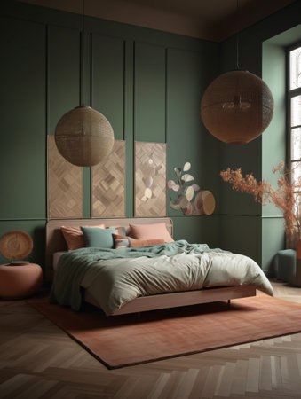 Art deco bedroom with a bed sitting on a wooden floor next to a green wall. AI generated, AI generative, AI generativ, AI, generated, generative, generativ.の素材